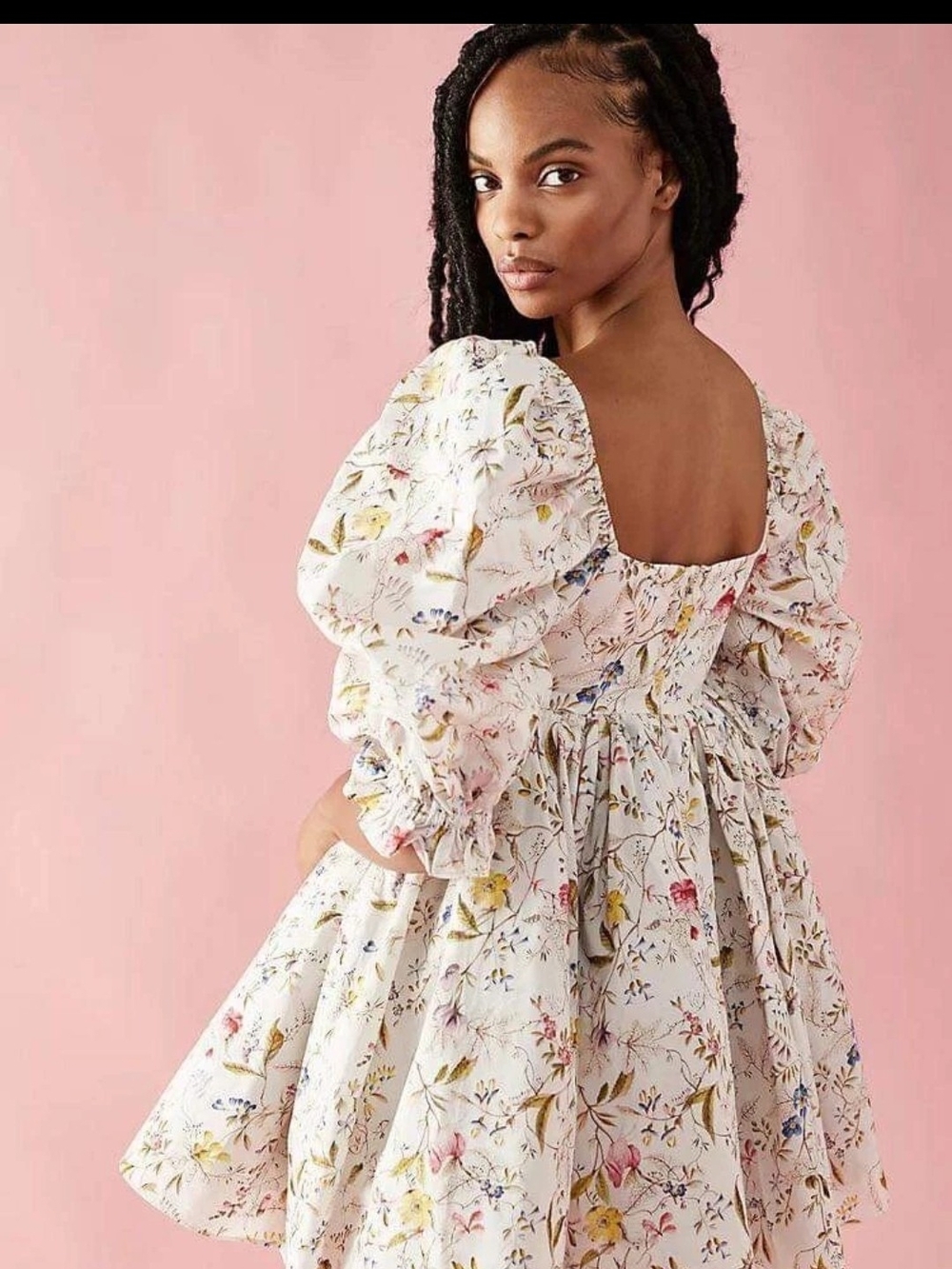 Selkie Cream Floral Backless Puff-Sleeve Mini Dress with Multi-Color Blooms
